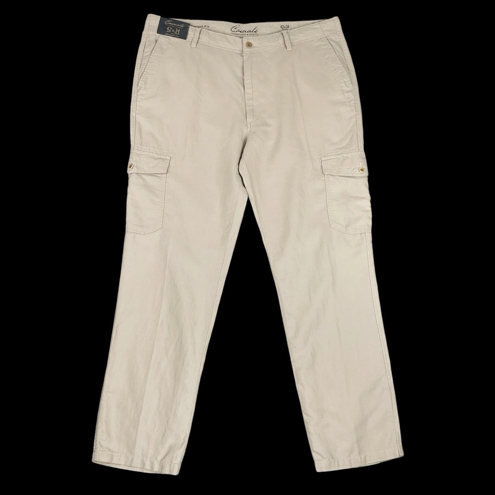 Roundtree & Yorke Pants Men 42x34 Beige Linen Blend Casuals Cargo Straight NWT